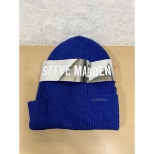 Steve Madden Ribbed Knit Beanie Hat Lot of 2 (Blue + Black) One Size NWT